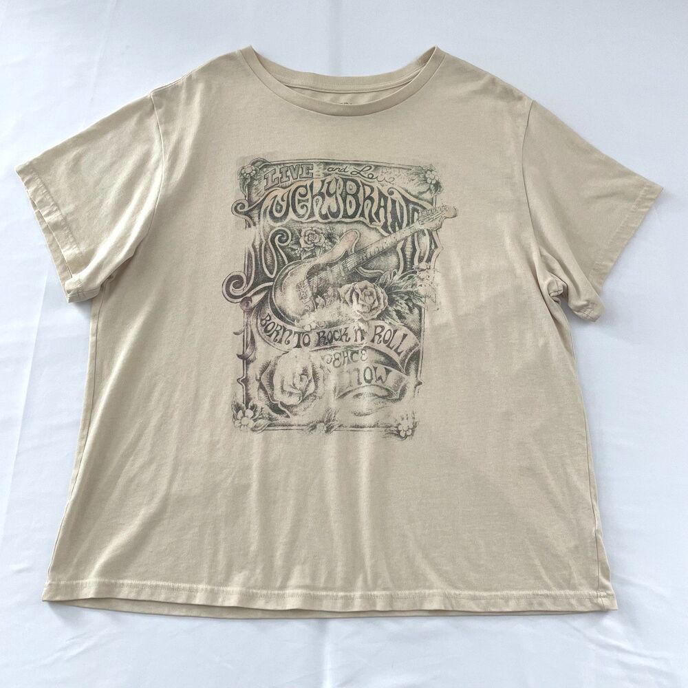 Lucky Brand Men’s XL Beige Guitar Graphic T-Shirt Born to Rock Music Tee